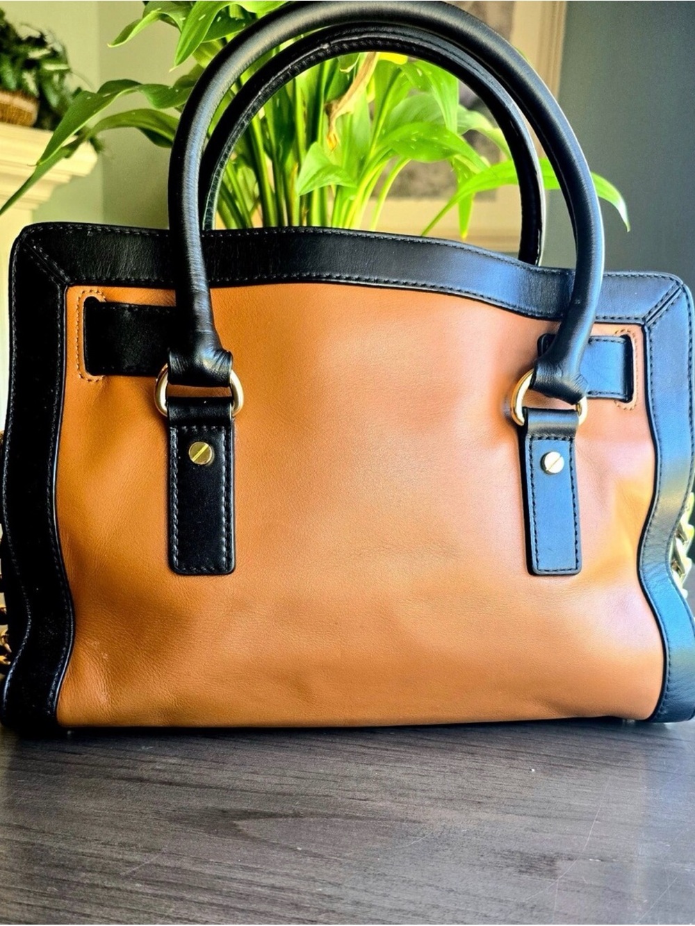 Michael Kors Tan and Black Leather Satchel with Gold Hardware - Picture 5 of 8